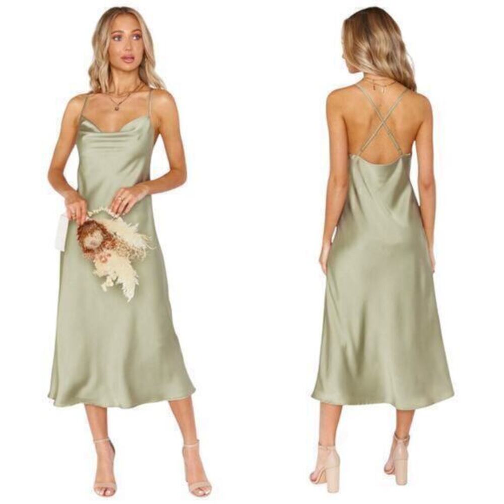 Show Me Your Mumu Verona Cowl Dress in Moss Green Luxe Satin size Small